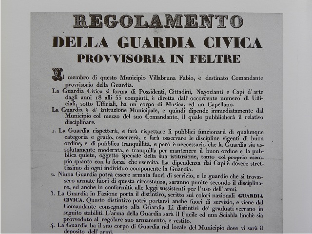 Il Regolamento della Guardia Civica provvisoria in Feltre del 23 marzo 1848 indica la presenza di un corpo musicale tra le proprie fila.